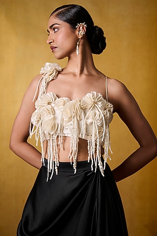 Ivory Crinkled Crepe Embellished Top by Bairagi Designs