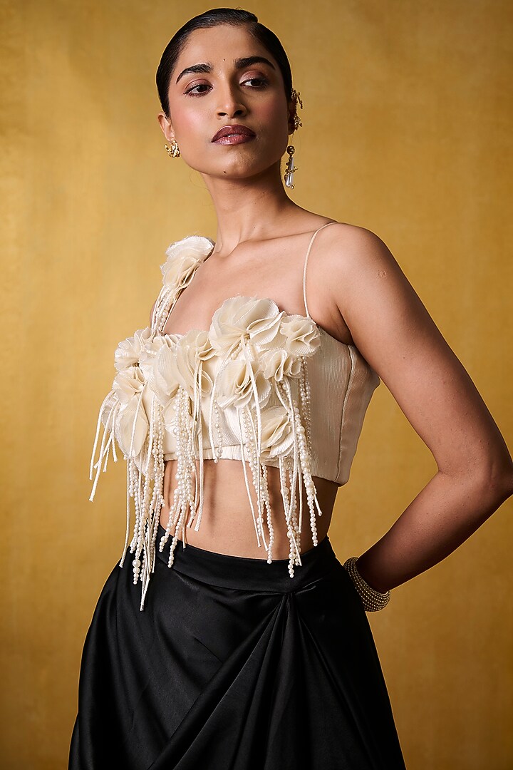 Ivory Crinkled Crepe Embellished Top by Bairagi Designs at Pernia's Pop Up Shop