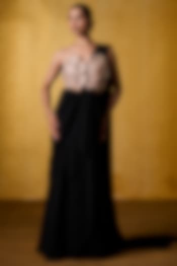 Black Georgette & Sequins Mesh Pre-Draped Flared Party Wear Saree Set by Bairagi Designs at Pernia's Pop Up Shop