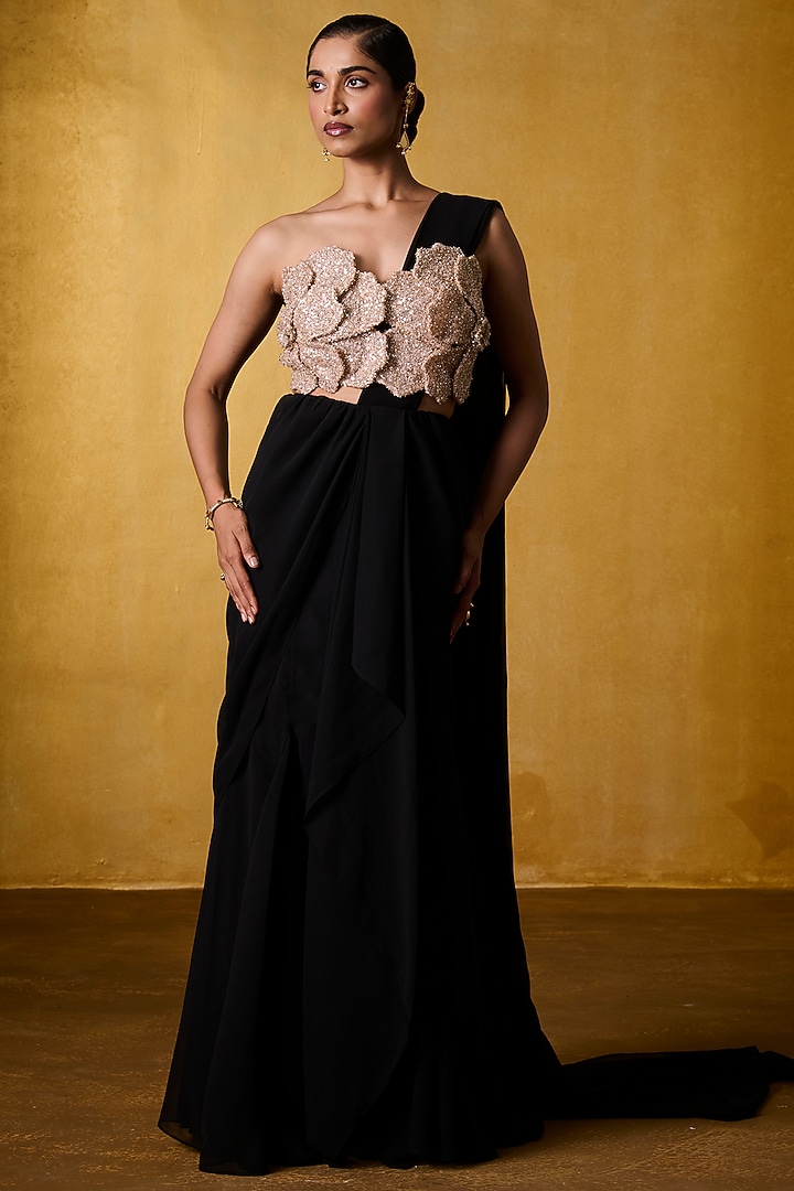 Black Georgette & Sequins Mesh Pre-Draped Flared Party Wear Saree Set by Bairagi Designs at Pernia's Pop Up Shop
