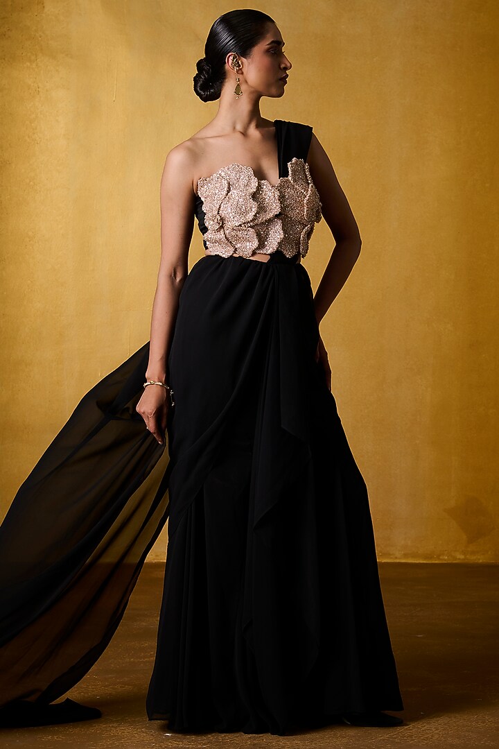 Black Georgette & Sequins Mesh Pre-Draped Flared Party Wear Saree Set by Bairagi Designs at Pernia's Pop Up Shop
