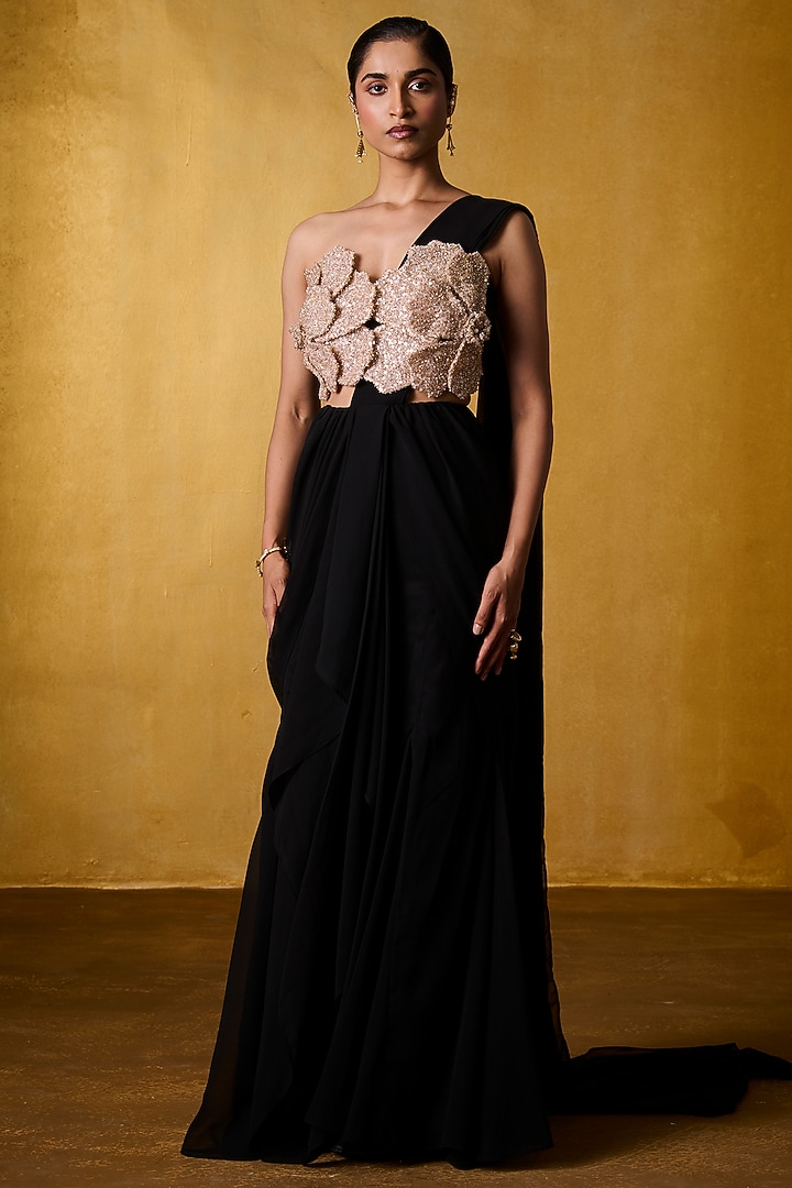 Black Georgette & Sequins Mesh Pre-Draped Flared Party Wear Saree Set by Bairagi Designs at Pernia's Pop Up Shop