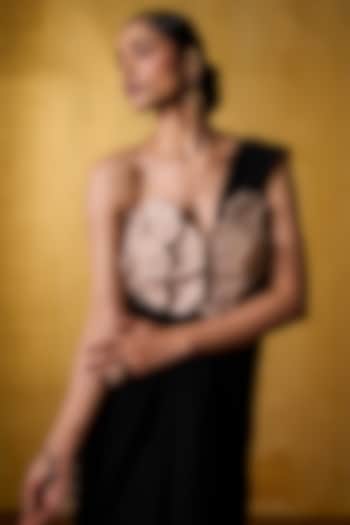 Gold Banana Crepe & Sequins Mesh Blouse by Bairagi Designs at Pernia's Pop Up Shop