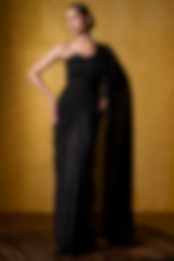 Black Chiffon Pre-Draped Party Wear Saree Set by Bairagi Designs at Pernia's Pop Up Shop