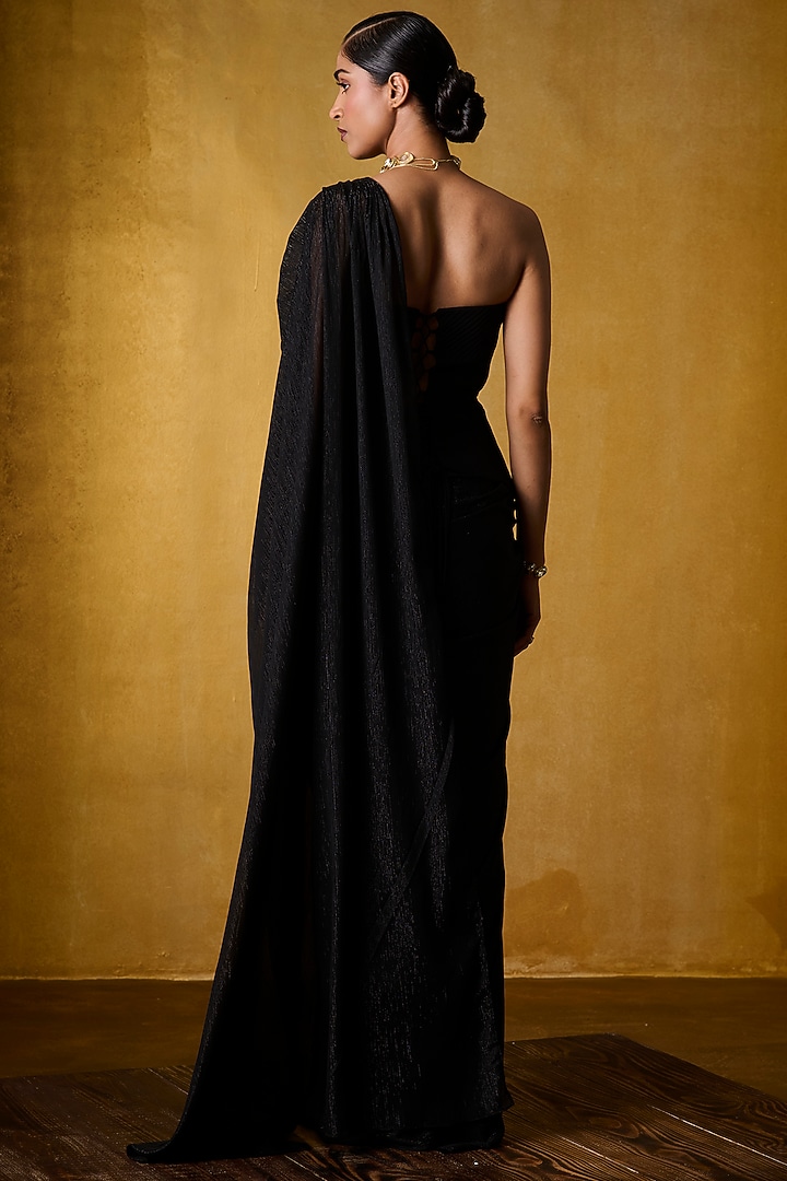 Black Chiffon Pre-Draped Party Wear Saree Set by Bairagi Designs at Pernia's Pop Up Shop