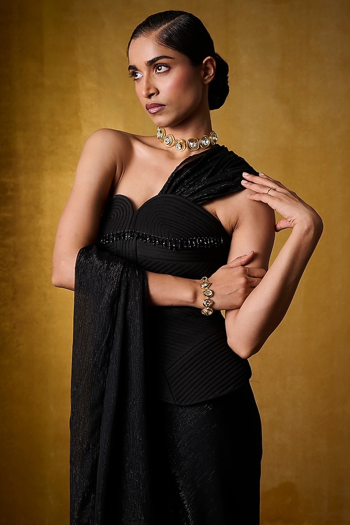 Black Chiffon Pre-Draped Party Wear Saree Set by Bairagi Designs at Pernia's Pop Up Shop