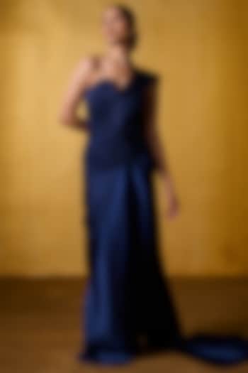 Navy Blue Satin Pre-Draped Party Wear Saree Set by Bairagi Designs at Pernia's Pop Up Shop