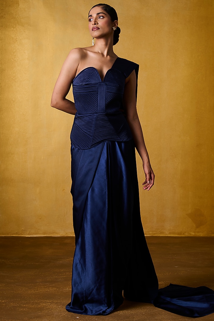 Navy Blue Satin Pre-Draped Party Wear Saree Set by Bairagi Designs at Pernia's Pop Up Shop
