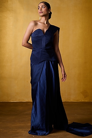 Navy Blue Satin Pre-Draped Saree Set by Bairagi Designs
