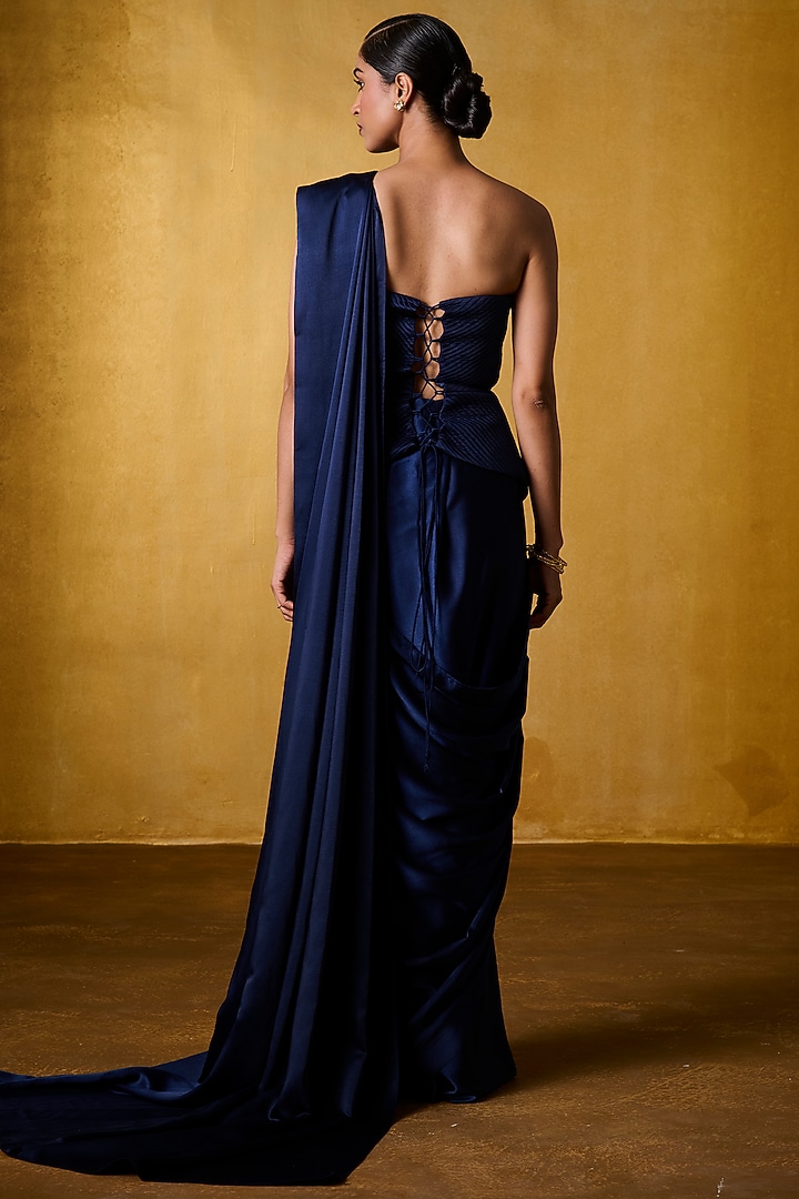 Navy Blue Satin Pre-Draped Party Wear Saree Set by Bairagi Designs at Pernia's Pop Up Shop