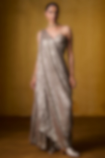 Gold Crinkle Chiffon Jumpsuit by Bairagi Designs at Pernia's Pop Up Shop