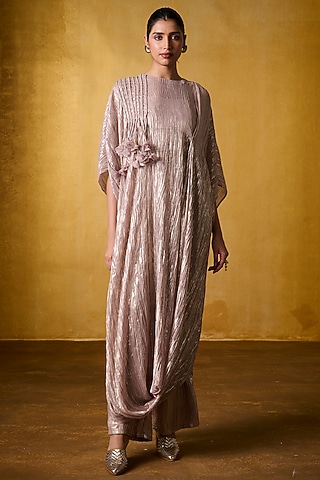 Pink Crinkled Chiffon Kaftan Set by Bairagi Designs