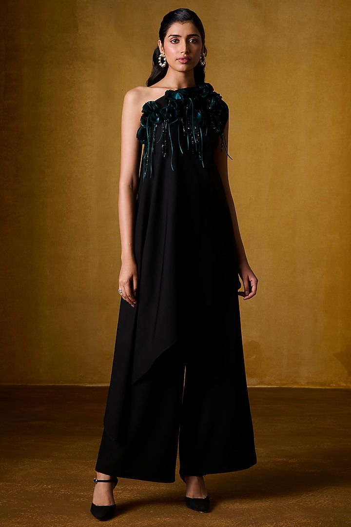 Black Banana Crepe Embellished Kaftan Set by Bairagi Designs at Pernia's Pop Up Shop