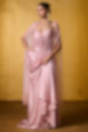 Pink Organza Embellished Cape Set by Bairagi Designs at Pernia's Pop Up Shop