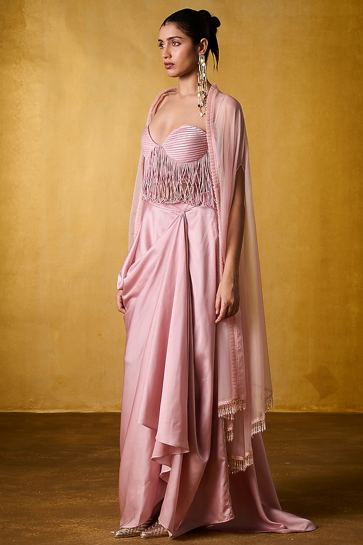 Pink Organza Embellished Cape Set by Bairagi Designs at Pernia's Pop Up Shop