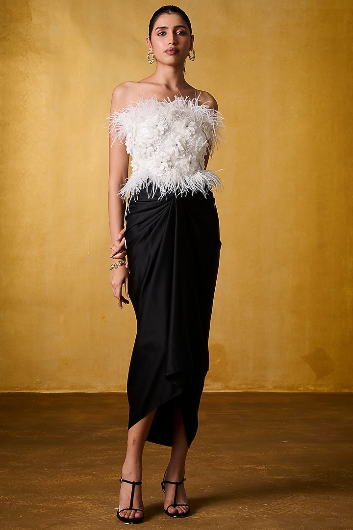 Black Banana Crepe & Milano Satin Draped Skirt Set by Bairagi Designs at Pernia's Pop Up Shop