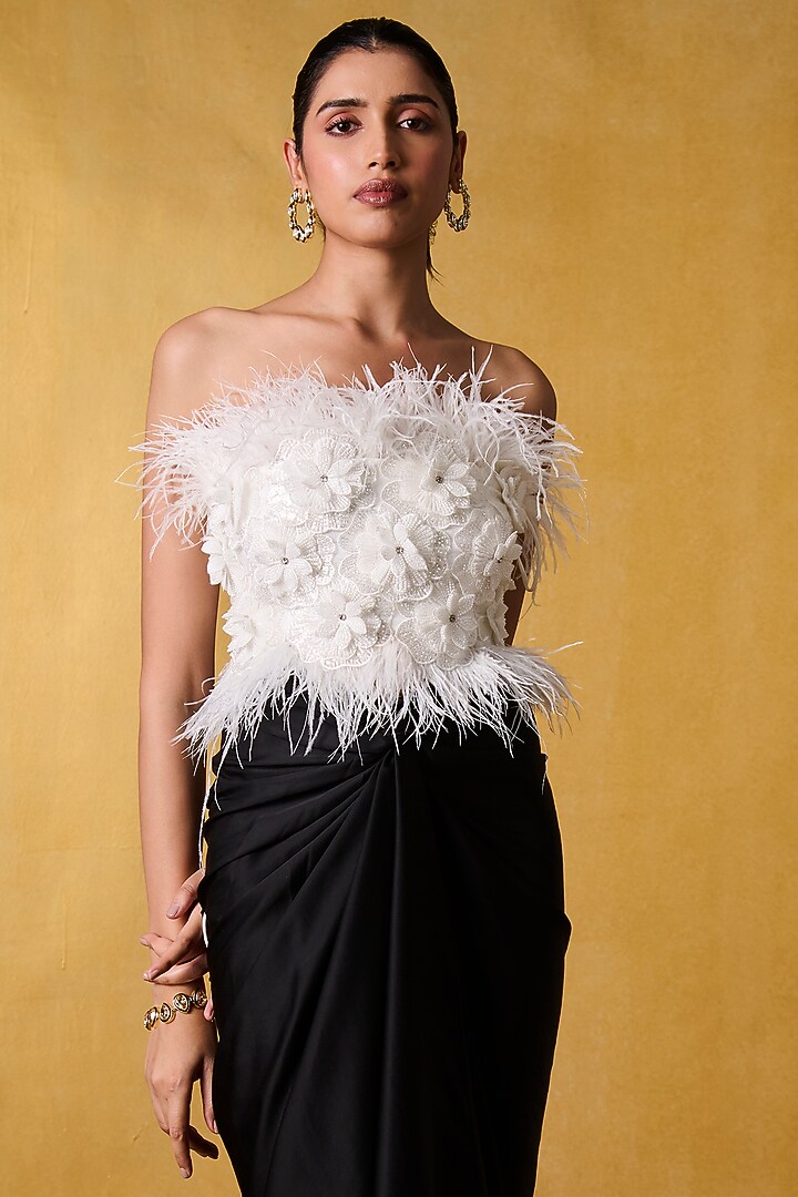Black Banana Crepe & Milano Satin Draped Skirt Set by Bairagi Designs at Pernia's Pop Up Shop