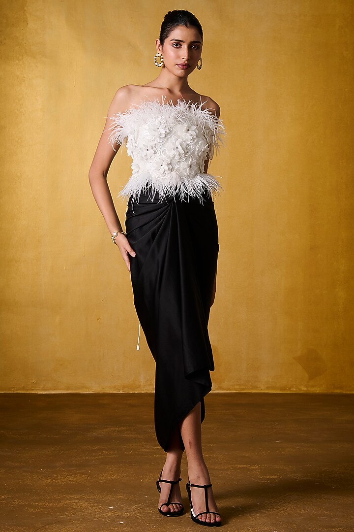 Black Banana Crepe & Milano Satin Draped Skirt Set by Bairagi Designs at Pernia's Pop Up Shop
