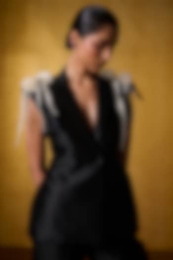 Black Twill Satin Embellished Jacket by Bairagi Designs at Pernia's Pop Up Shop
