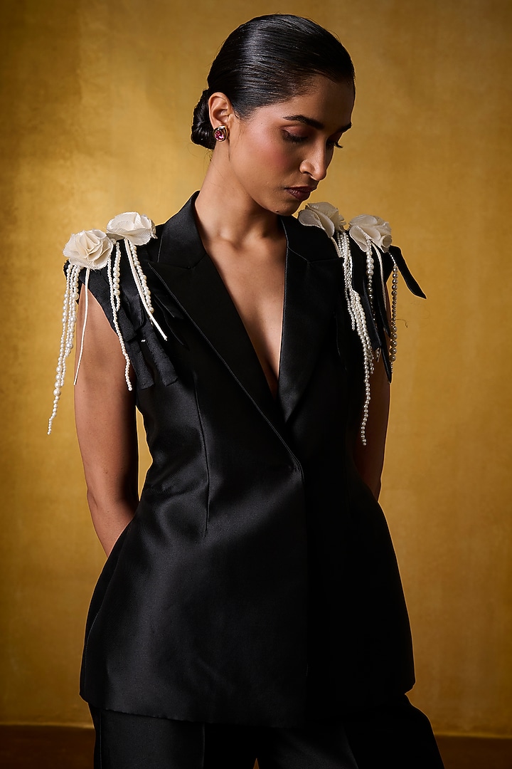 Black Twill Satin Embellished Jacket by Bairagi Designs at Pernia's Pop Up Shop