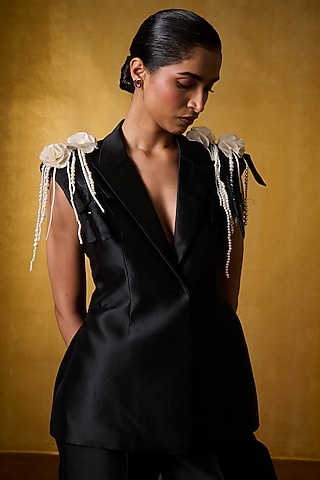 Black Twill Satin Embellished Jacket by Bairagi Designs