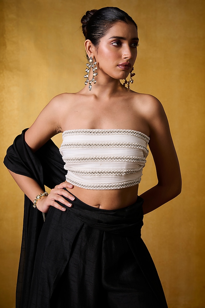 Ivory Taffeta Embellished Tube Blouse by Bairagi Designs at Pernia's Pop Up Shop