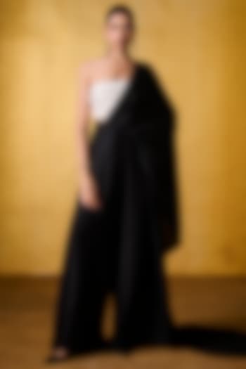 Black Taffeta & Dola Silk Pre-Draped Party Wear Saree Set by Bairagi Designs at Pernia's Pop Up Shop