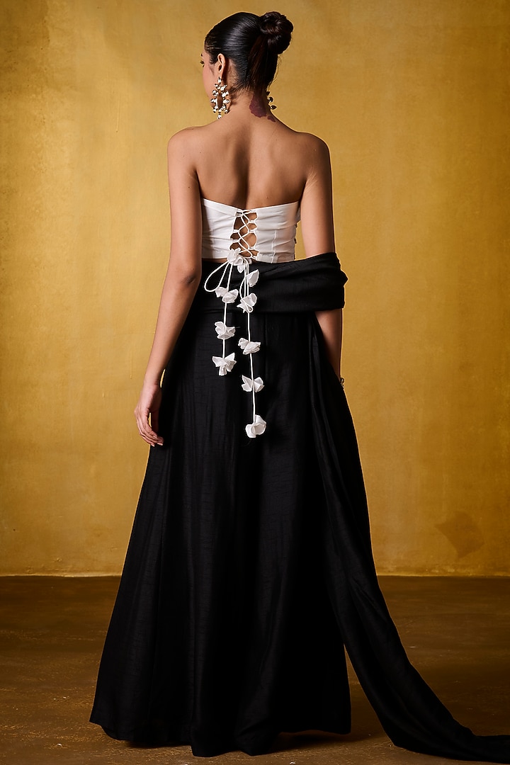Black Taffeta & Dola Silk Pre-Draped Party Wear Saree Set by Bairagi Designs at Pernia's Pop Up Shop