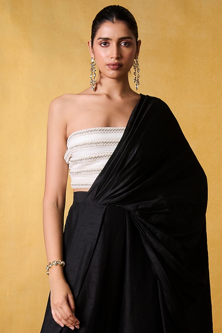 Black Taffeta & Dola Silk Pre-Draped Party Wear Saree Set by Bairagi Designs at Pernia's Pop Up Shop