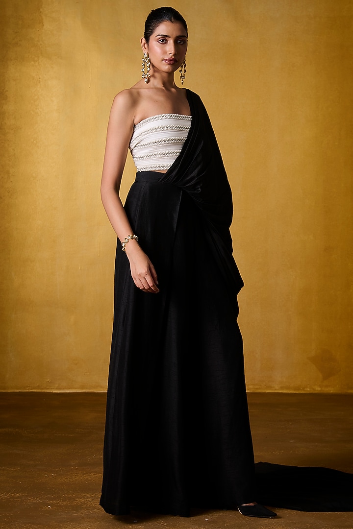 Black Taffeta & Dola Silk Pre-Draped Party Wear Saree Set by Bairagi Designs at Pernia's Pop Up Shop