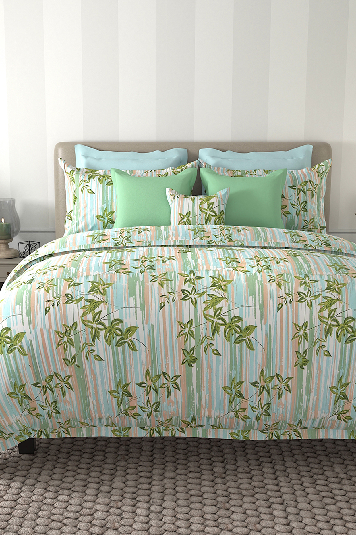 Green Cotton Printed Duvet Set (Set of 3) by By ADAB at Pernia's Pop Up Shop