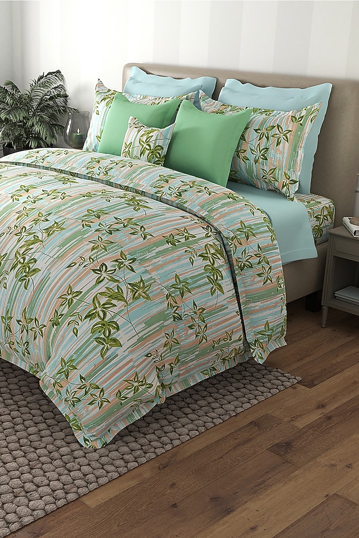 Green Cotton Printed Duvet Set (Set of 3) by By ADAB at Pernia's Pop Up Shop
