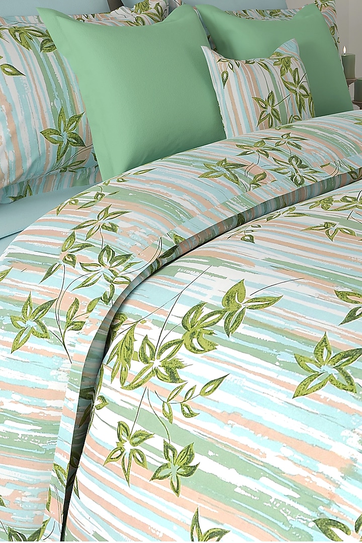Green Cotton Printed Duvet Set (Set of 3) by By ADAB at Pernia's Pop Up Shop