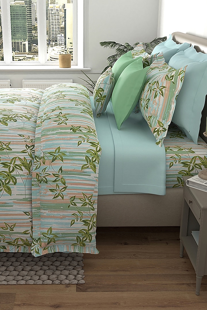 Green Cotton Printed Bedsheet Set (Set of 3) by By ADAB at Pernia's Pop Up Shop