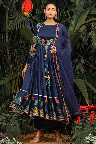 Navy Blue Embroidered Kalidar Anarkali Set by Baise Gaba