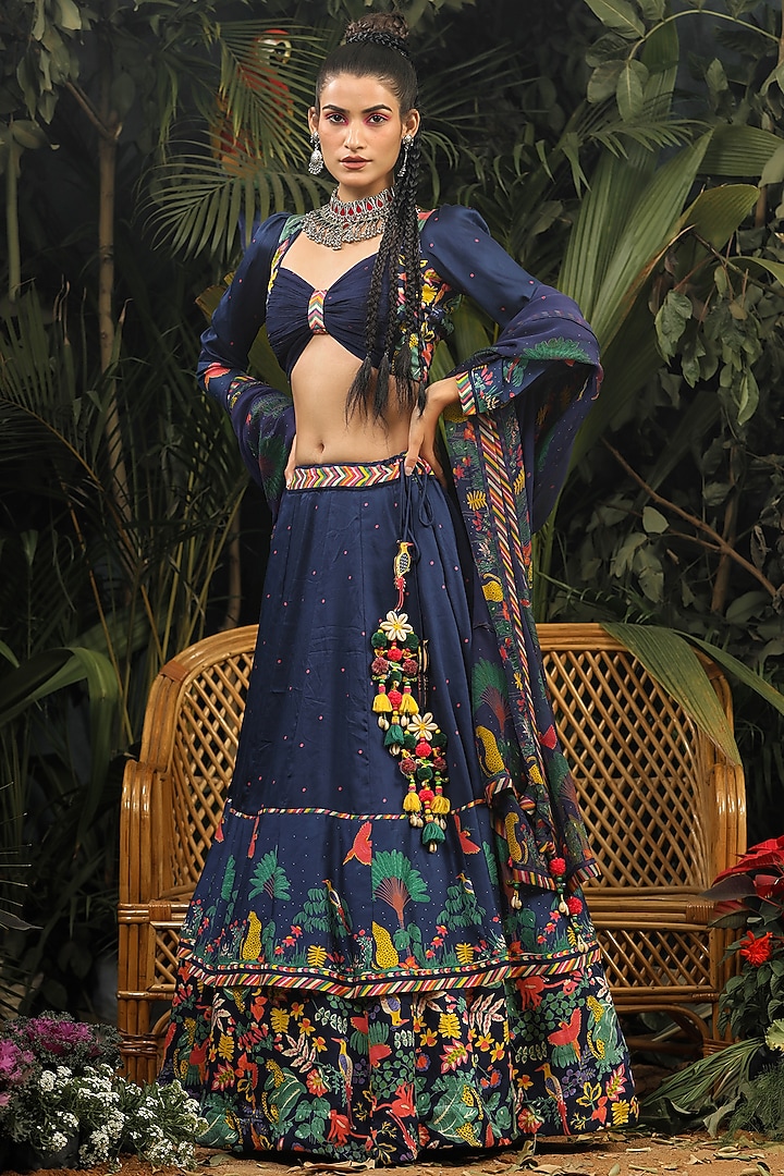Navy Blue Printed Kalidar Lehenga Set by Baise Gaba at Pernia's Pop Up Shop