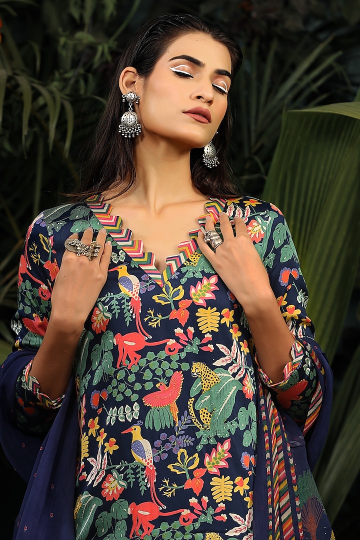 Navy Blue Modal Satin Scalloped Kurta Set by Baise Gaba at Pernia's Pop Up Shop
