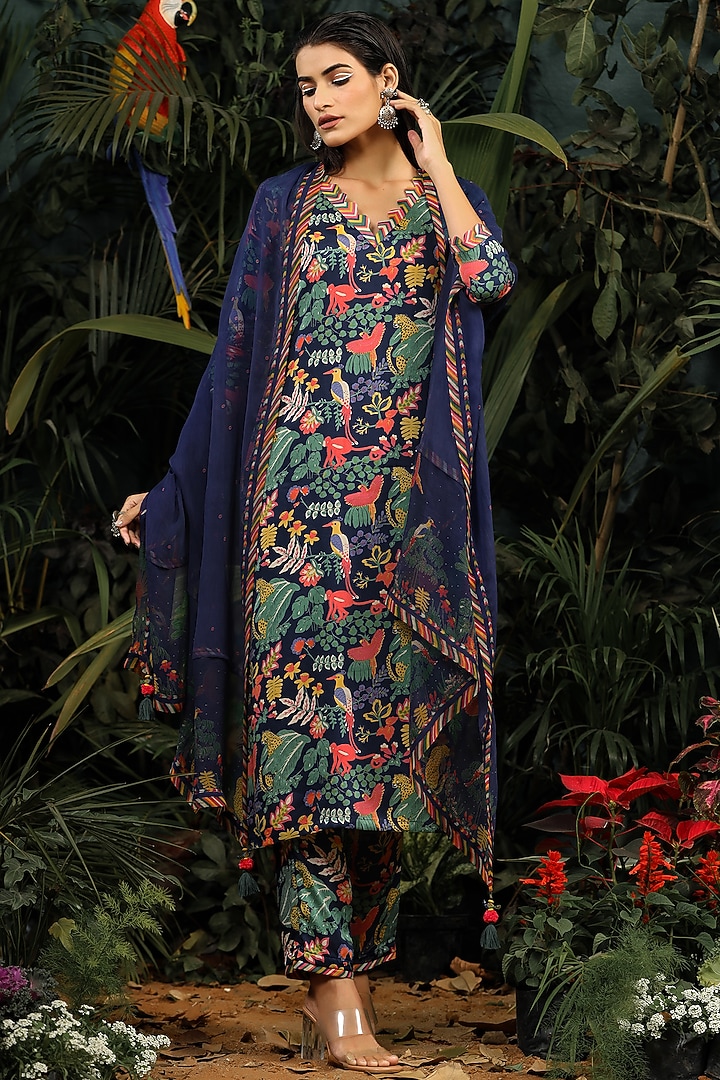 Navy Blue Modal Satin Scalloped Kurta Set by Baise Gaba at Pernia's Pop Up Shop