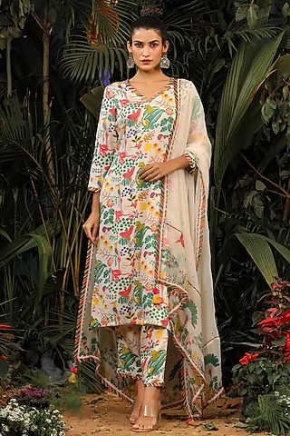 White Modal Satin Kurta Set by Baise Gaba