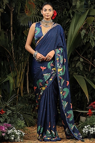 Navy Blue Printed Saree Set by Baise Gaba