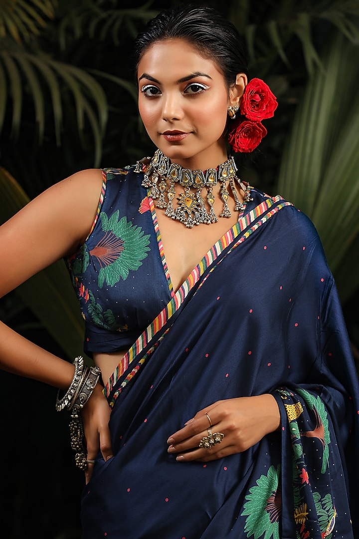 Navy Blue Printed Festive Saree Set by Baise Gaba at Pernia's Pop Up Shop