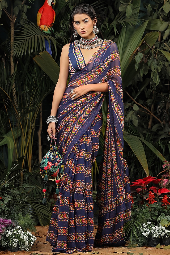 Navy Blue Chiffon Ruffled Festive Saree Set by Baise Gaba at Pernia's Pop Up Shop