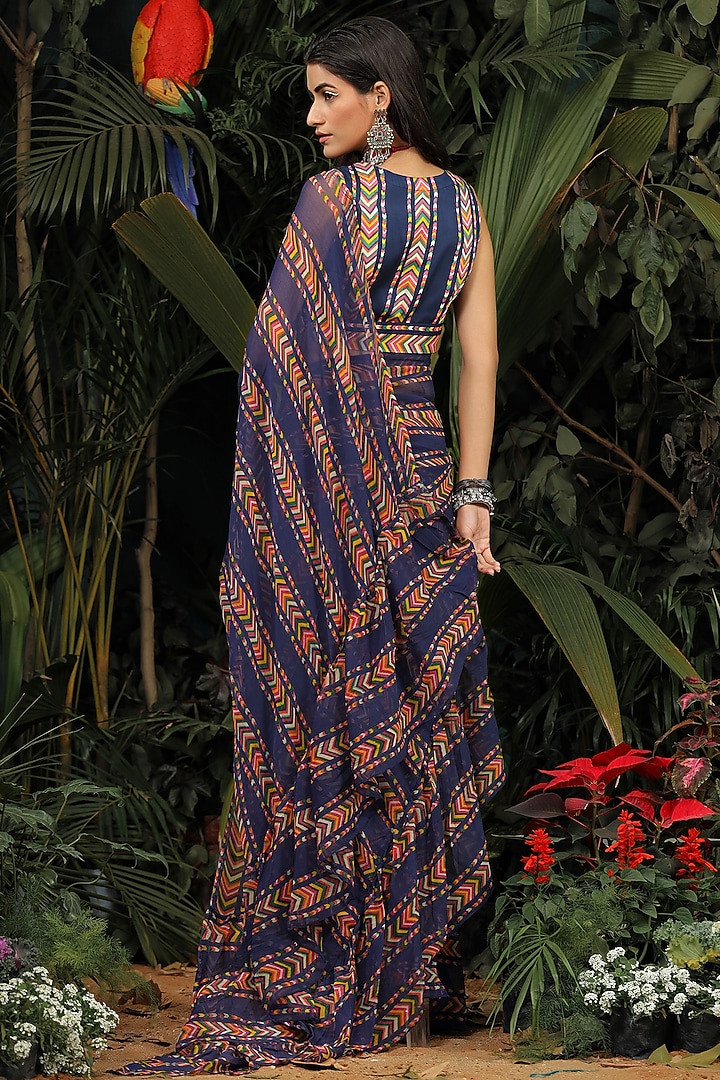 Navy Blue Chiffon Ruffled Festive Saree Set by Baise Gaba at Pernia's Pop Up Shop
