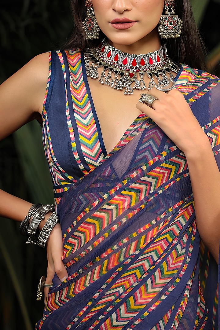 Navy Blue Chiffon Ruffled Festive Saree Set by Baise Gaba at Pernia's Pop Up Shop