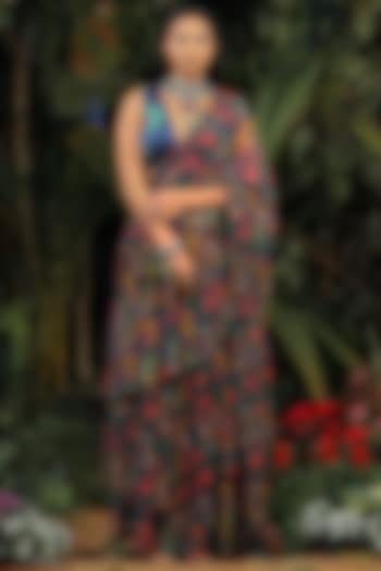 Navy Blue Printed Pre Stitched Festive Saree Set by Baise Gaba at Pernia's Pop Up Shop