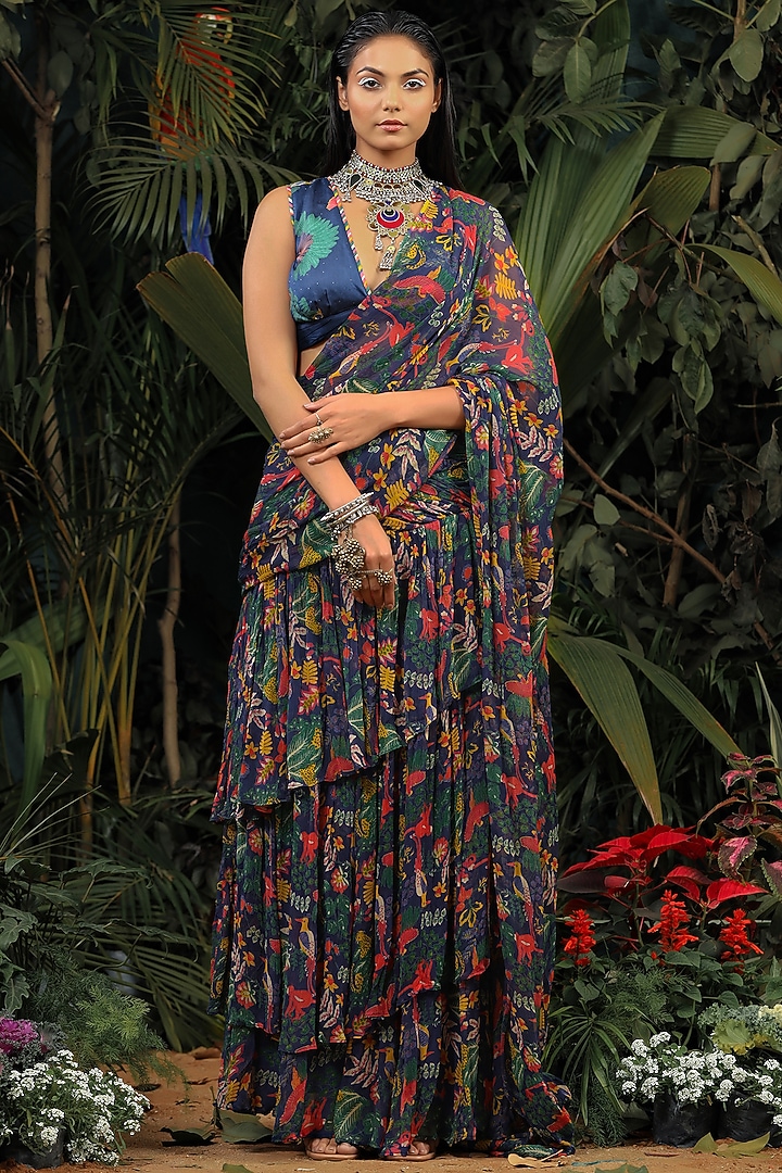 Navy Blue Printed Pre Stitched Festive Saree Set by Baise Gaba at Pernia's Pop Up Shop