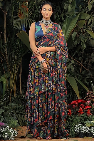 Navy Blue Printed Pre Stitched Saree Set by Baise Gaba