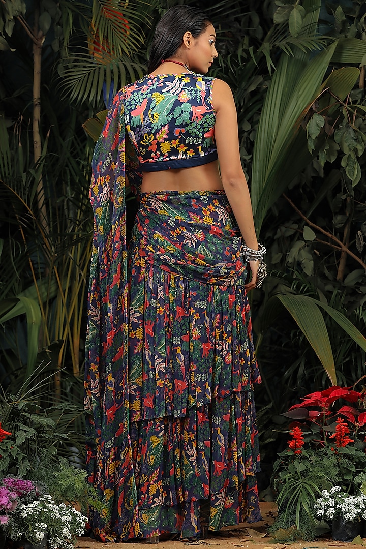 Navy Blue Printed Pre Stitched Festive Saree Set by Baise Gaba at Pernia's Pop Up Shop