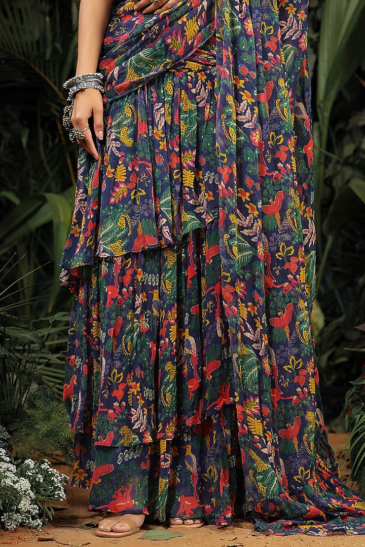 Navy Blue Printed Pre Stitched Festive Saree Set by Baise Gaba at Pernia's Pop Up Shop
