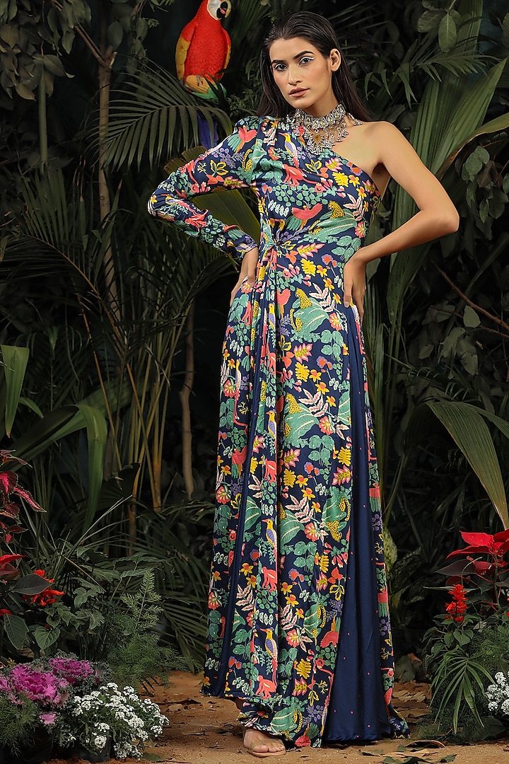 Navy Blue Modal Satin Gown by Baise Gaba at Pernia's Pop Up Shop